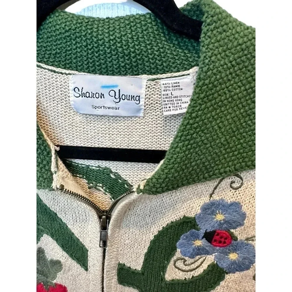 Sharon Young Sportswear Women's White Green Floral Full Zip Vest Size L
